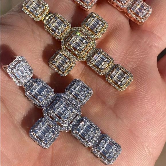 Iced Baguette Diamond Cross Real Silver Rope Chain